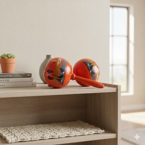 Vintage Hand Painted Wooden Maracas Tropical Palm Tree Folk Art Percussion Pair